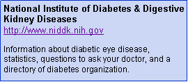 Text Box: National Institute of Diabetes & Digestive Kidney Diseaseshttp://www.niddk.nih.govInformation about diabetic eye disease, statistics, questions to ask your doctor, and a directory of diabetes organization.