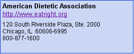 Text Box: American Dietetic Associationhttp://www.eatright.org120 South Riverside Plaza, Ste. 2000Chicago, IL  60606-6995800-877-1600